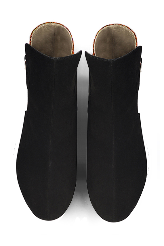 Matt black and clementine orange women's ankle boots with buckles at the back. Round toe. Flat block heels. Top view - Florence KOOIJMAN